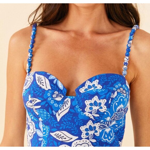 NEW Farm Rio Midi Dress M Blue Full Of Flowers Organic Cotton NWT Tiered - Picture 2 of 10